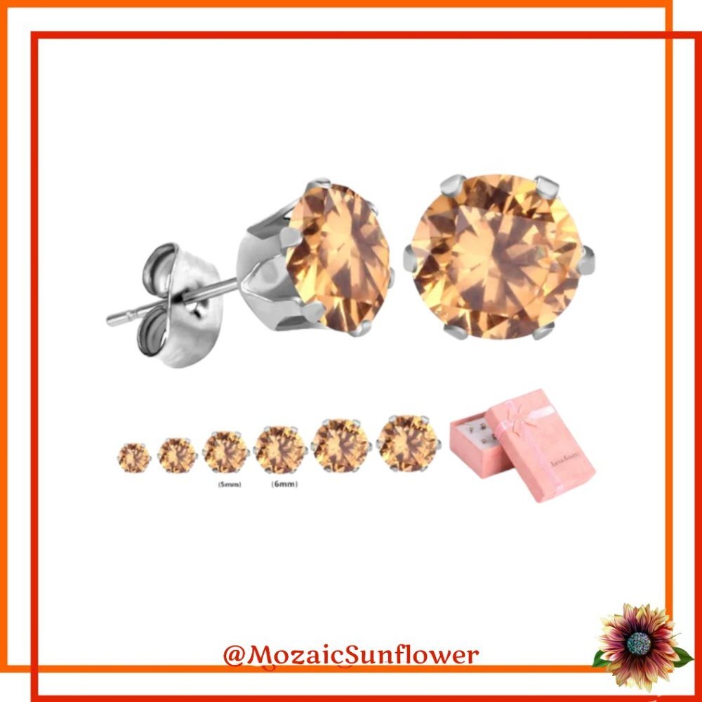 STAINLESS STEEL NEW SET OF 6 Golden Champaign Solitaire Cut Stone Earrings